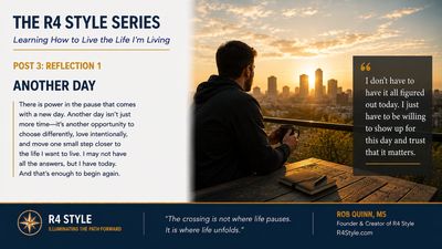 A reflective moment during sunrise with inspirational text on living and pausing.