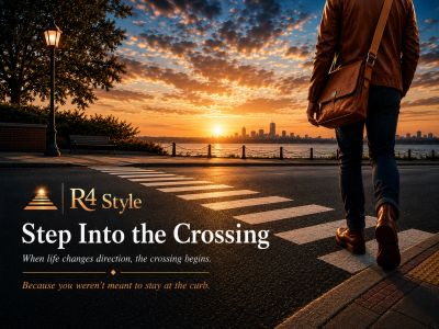 Person walking across a crosswalk at sunset towards a city skyline.