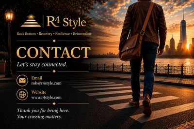 Contact information for R4 Style with a sunset city background.