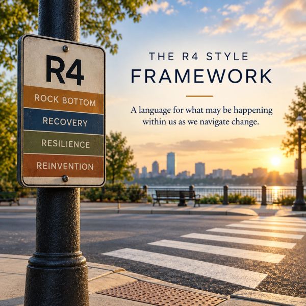 Signpost explaining the R4 style framework with a sunset city view.