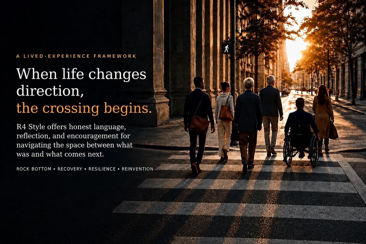 People crossing a street with a motivational quote about life changes.