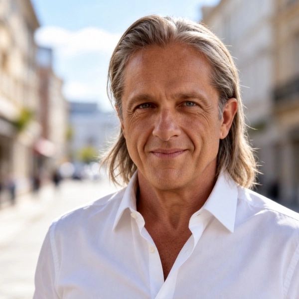 Smiling man with shoulder-length hair in white shirt.