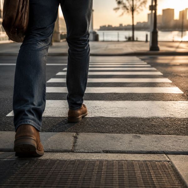 Person crossing a street at sunset.