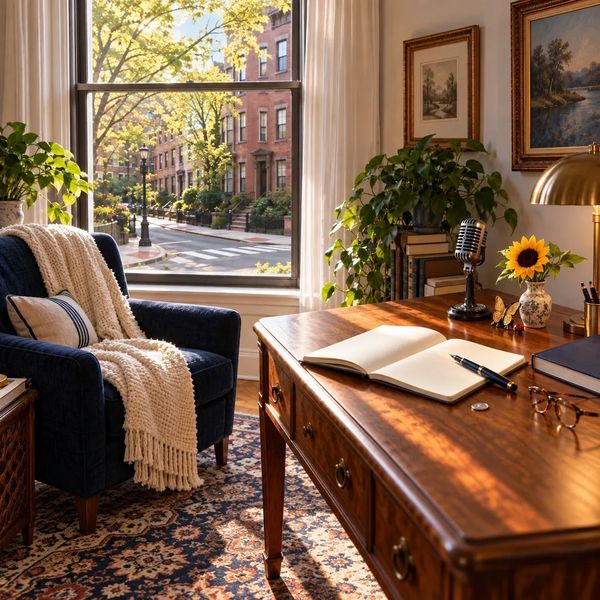Cozy home office with wooden desk and comfortable armchair by sunny window.