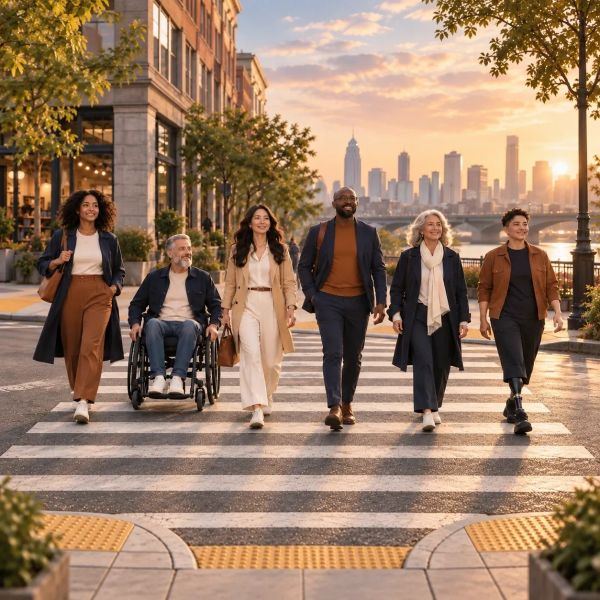Diverse group walking across city crosswalk at sunset.