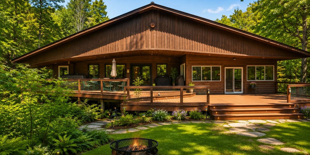 A cozy wooden cabin with a spacious deck surrounded by lush greenery.