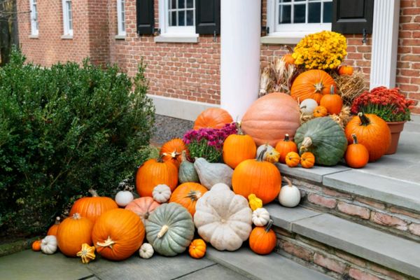 Colorful pumpkins and flowers decorate a home porch for fall.