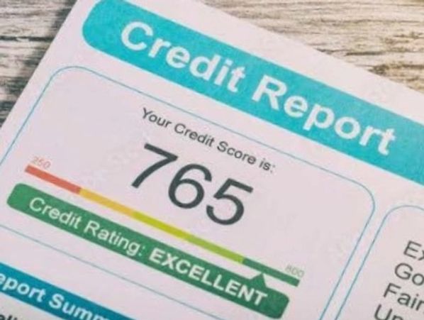 Credit report showing a credit score of 765 with an excellent rating.