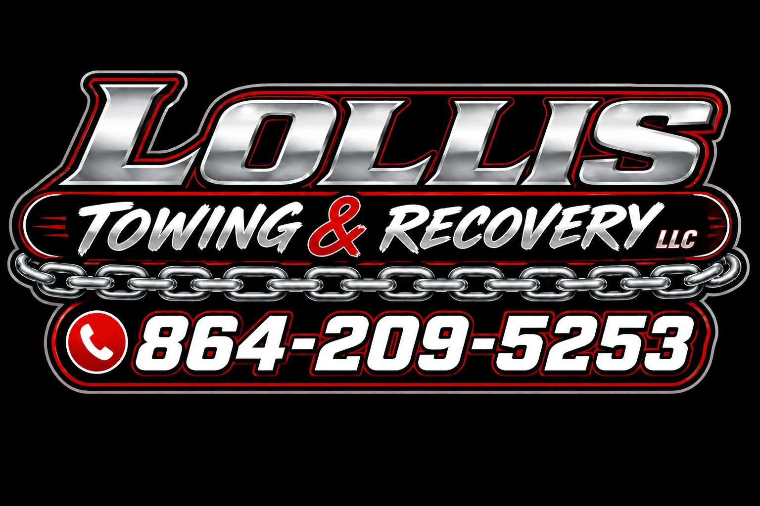Logo for Lollis Towing & Recovery with phone number.