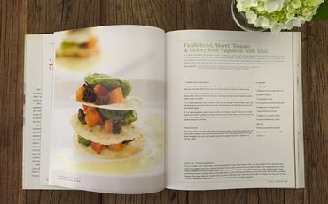 A gourmet recipe for Fiddlehead, Morel, Tomato & Celery Root Napoleon with Aioli.