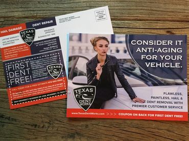 Texas Dent Works offers hail damage and dent repair with a first dent free coupon.