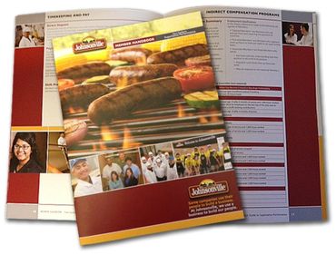 Johnsonville member handbook with grilled sausages on cover and employee photos.