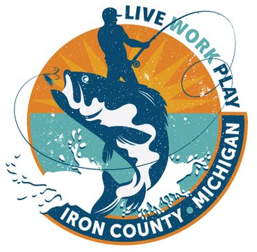 Logo of a fisherman catching a large fish with text promoting Iron County, Michigan.