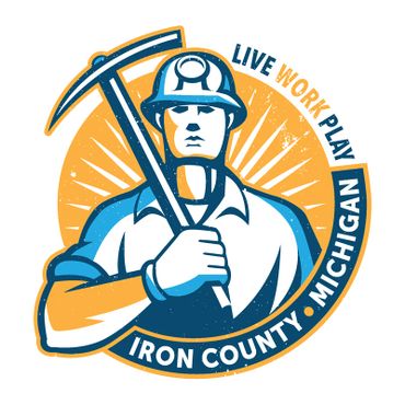 Logo of a miner with pickaxe representing Iron County, Michigan.