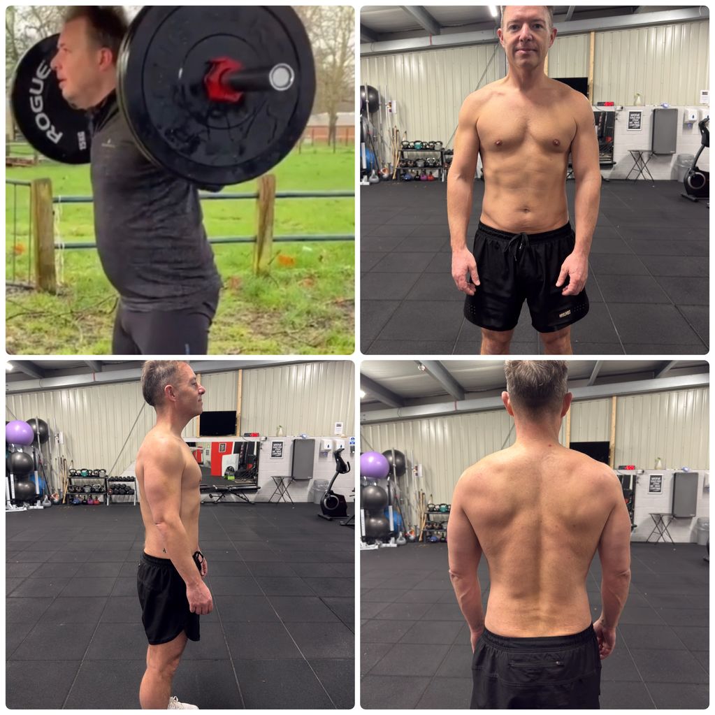 Client progress comparison over five years, from 90 kg to 70.7 kg.