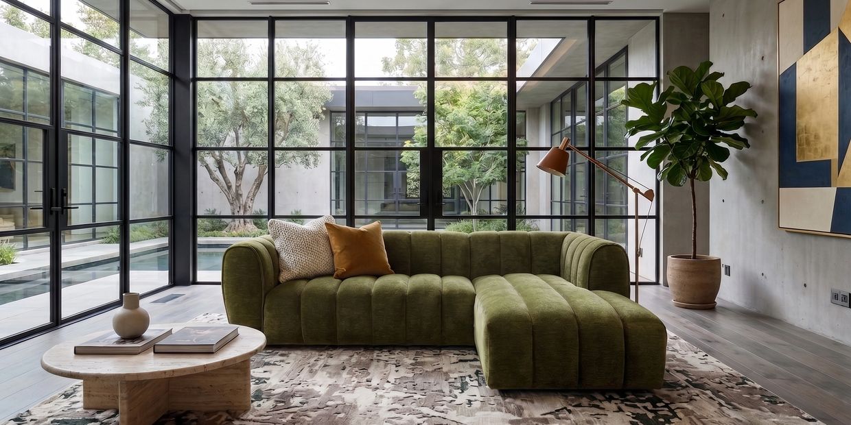 Modern living room with green sofa and large glass windows overlooking a garden.