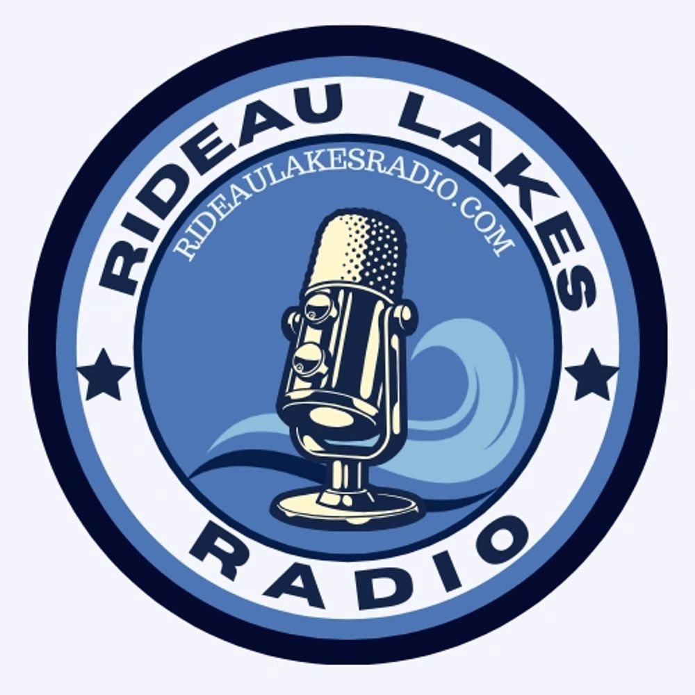 Logo for Rideau Lakes Radio featuring a vintage microphone and website URL.
