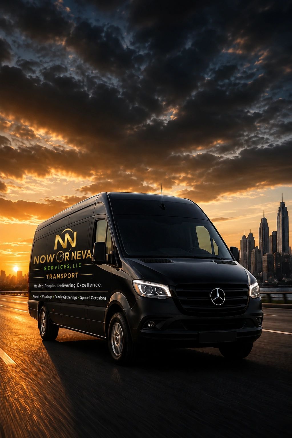 A black Mercedes van with Now or Neva branding driving at sunset in a city.