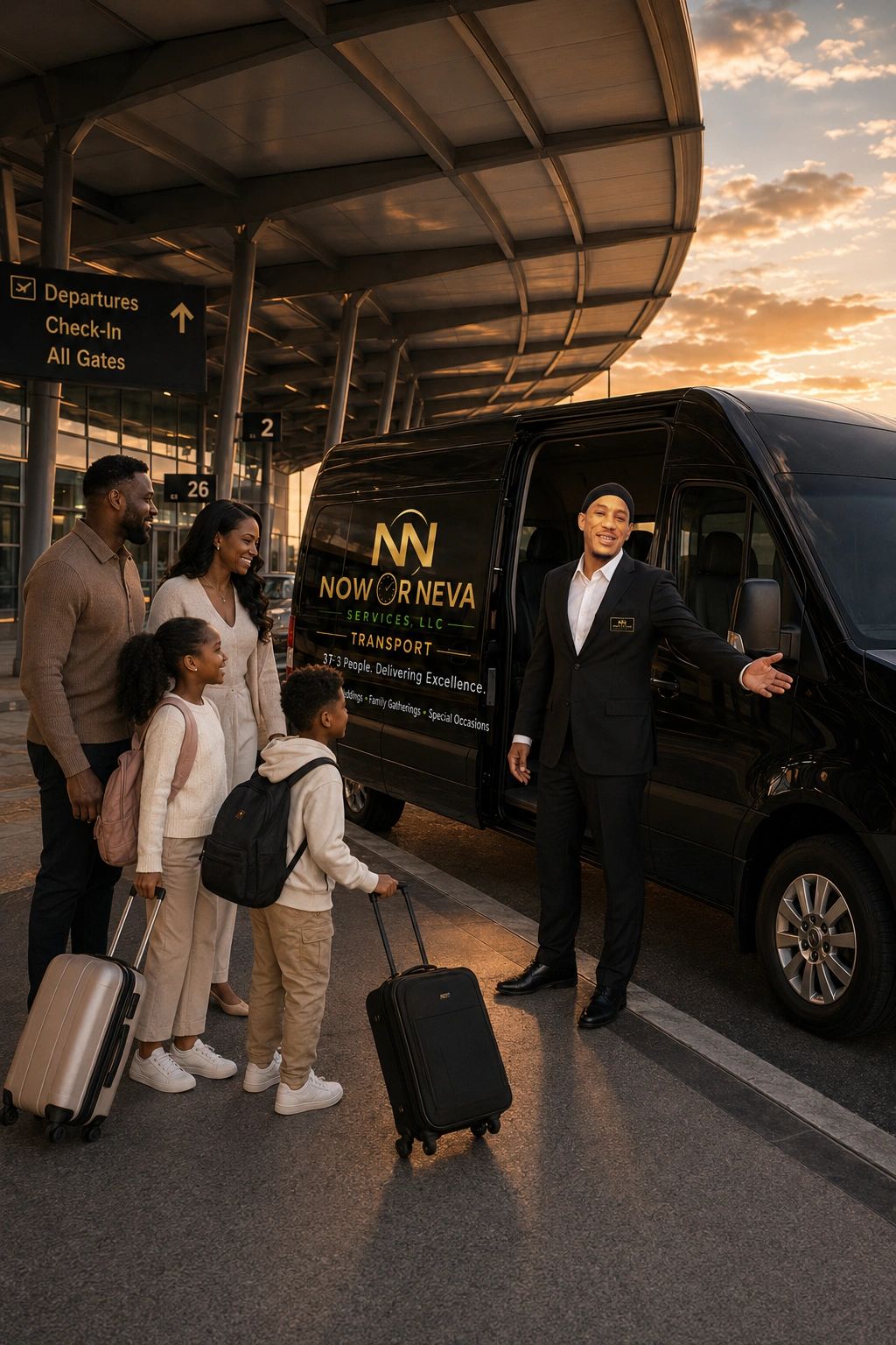 A family meeting a transport service driver at the airport during sunset.