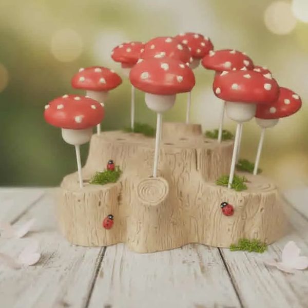 Handcrafted, decorative red mushroom cake pops positioned on a wooden base with ladybugs and moss.
