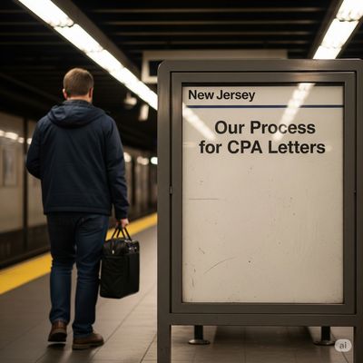 A sign in a metro station that reads "Our Process for CPA Letters" with a person on the platform.