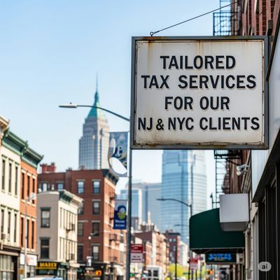 A sign in a Jersey City setting that says, "Tailored Tax Services for Our NJ & NYC Clients"