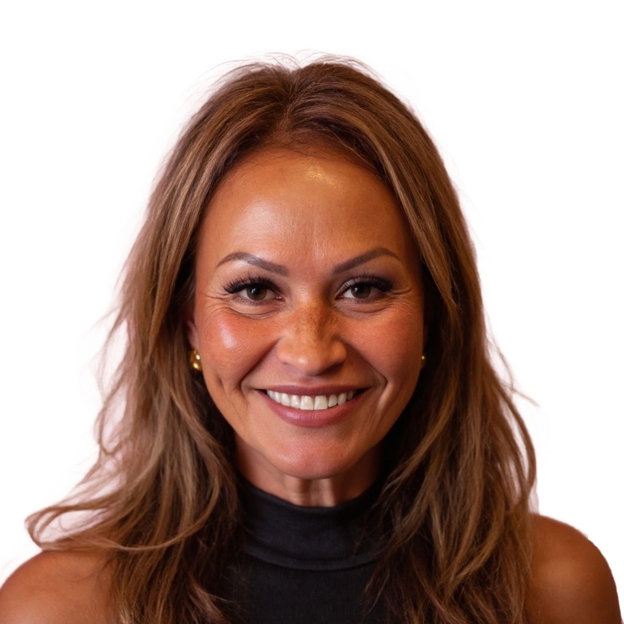 Smiling woman with brown hair and gold earrings.