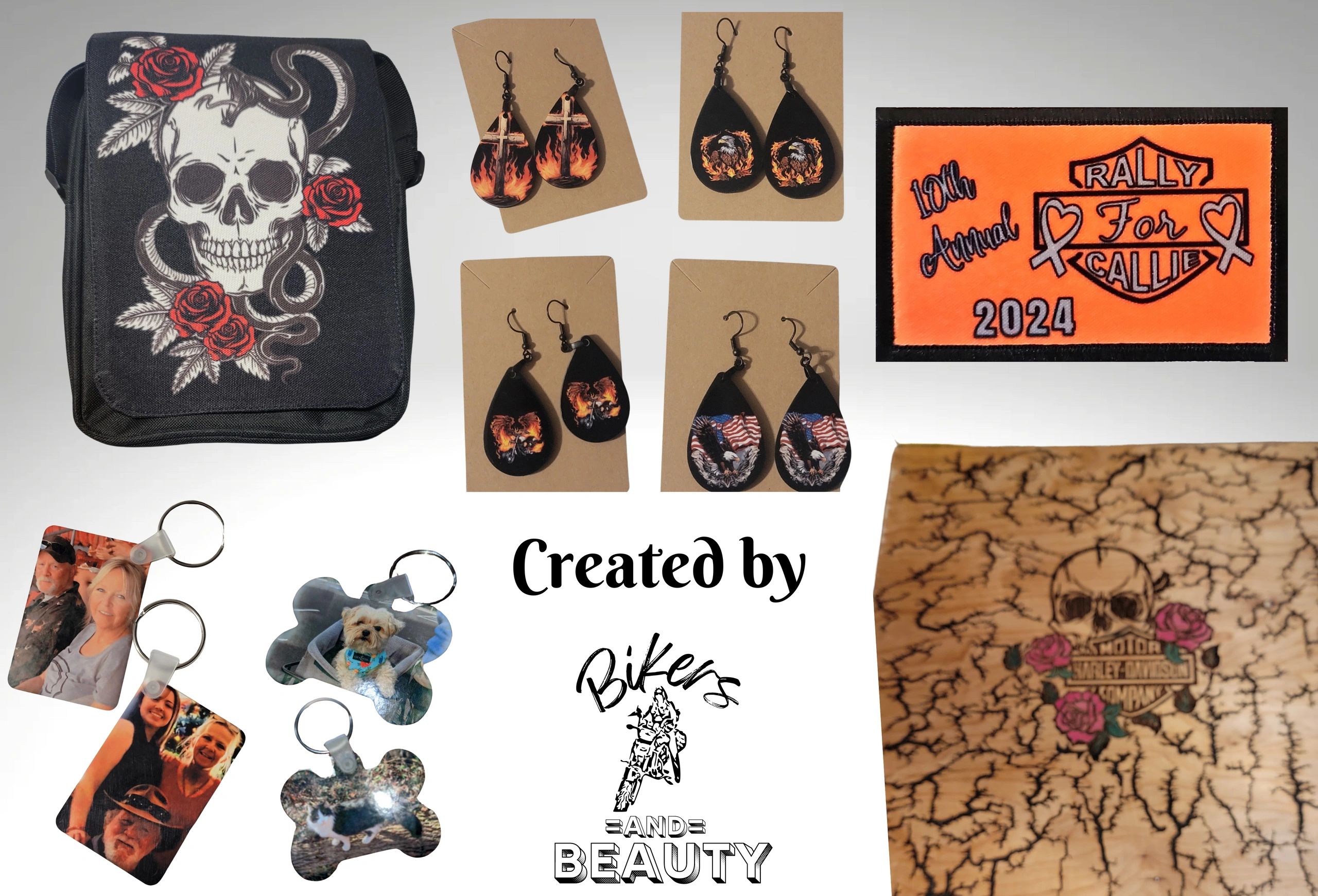 Handmade items created by Bikers and Beauty. Earrings, keychains, patch, purse, and wood burnt item.
