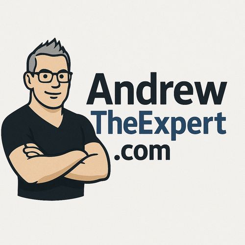 Logo of AndrewTheExpert.com featuring a cartoon man with glasses and folded arms.