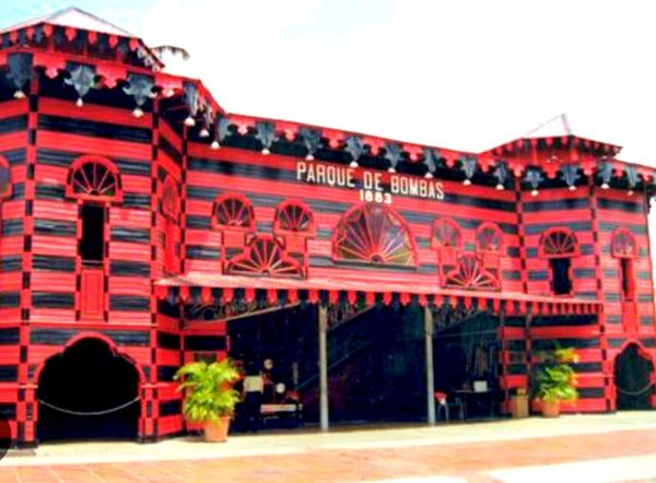 The colorful red and black striped Parque de Bombas building from 1883.