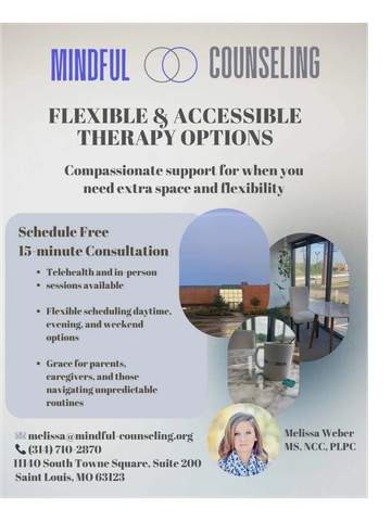 Flyer for Mindful Counseling offering flexible therapy with free 15-minute consultations.
