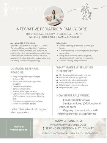 Informative flyer for Wise Living's integrative pediatric and family care services.