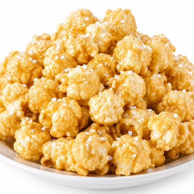 A bowl of caramel popcorn sprinkled with sea salt.