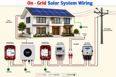 Diagram showing on-grid solar system wiring from solar panels to home and grid.