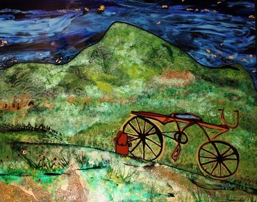 bicycle, red bike, reverse glass painting, alice husak, alice eldrdge