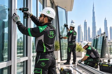 Professional RUQ HUB aluminum and glass fitting team working in a modern Dubai setting.