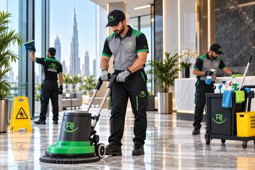 RUQ HUB professional cleaning team providing high-quality commercial cleaning in a modern Dubai prop