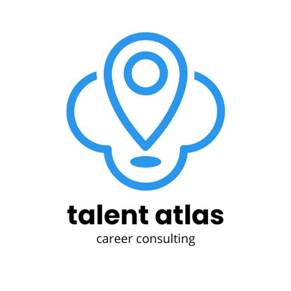 Logo for Talent Atlas career consulting featuring a blue map pin icon.