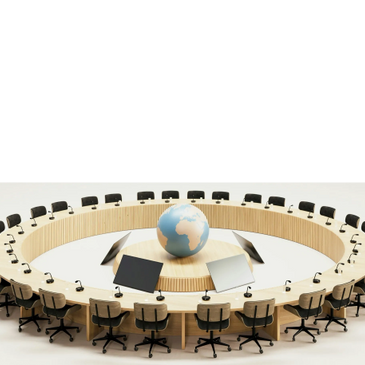 Round table with lots of chairs surrounding a globe.