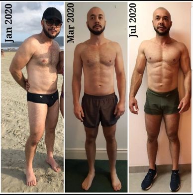 Man's fitness transformation from Jan to Jul 2020 shows significant muscle gain and fat loss.