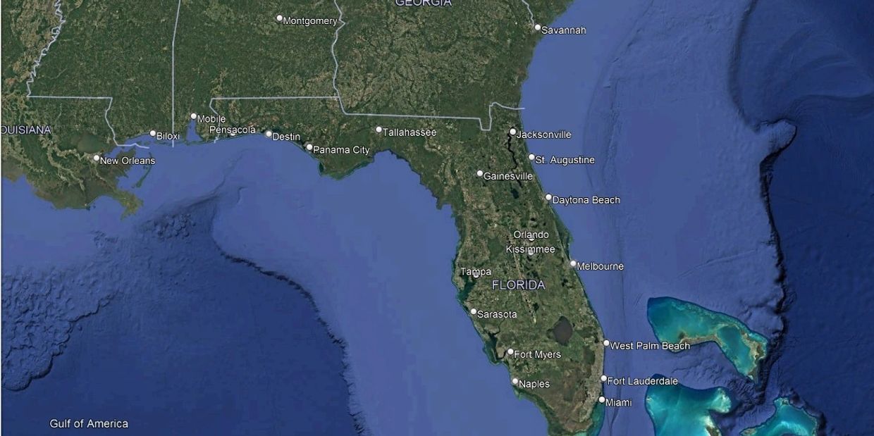 Satellite map showing Florida and surrounding southeastern U.S. states with labeled cities.