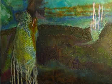 Abstract painting with dripping textures and dark tones.