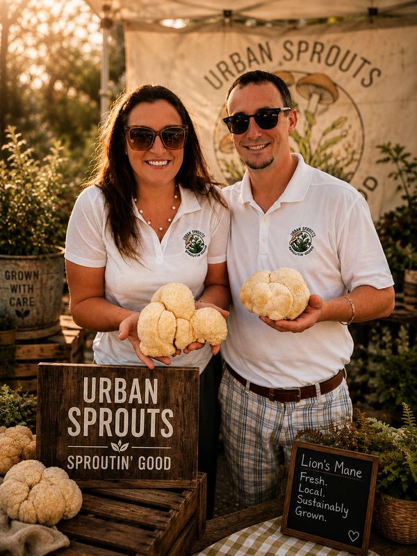 Two smiling vendors showcase fresh Lion's Mane mushrooms at Urban Sprouts market.