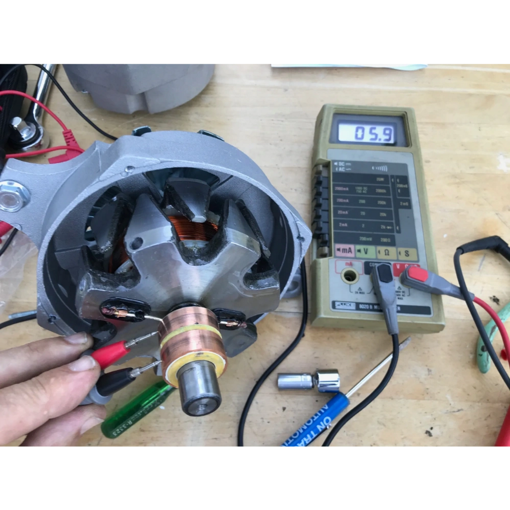 The field, or rotor has a resistance around 10x that of the stator, or armature