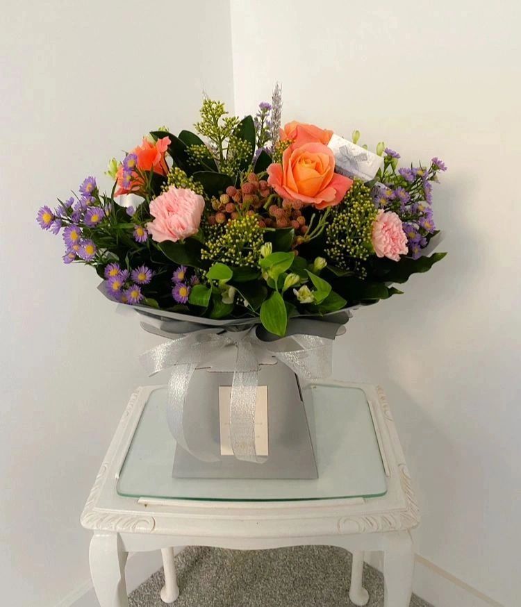Colourful Winter Flower Bouquet in an aqua-box.