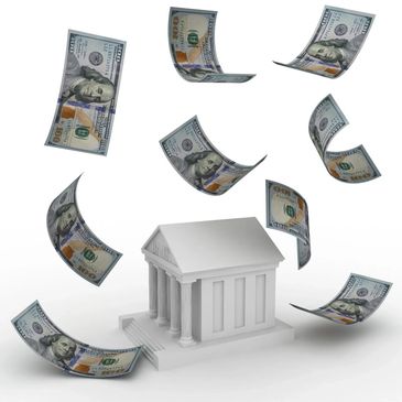 Money flying around a classical bank building model.