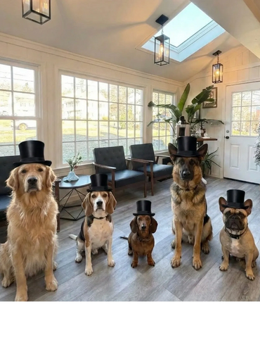 No it's not Downton Abby it's Hat City Vets here you'll feel like the upper class when you walk in Reception and you are greeted by this line up from Dog-Ton Abby - Six dogs of different breeds all dressed up wearing Black Top Hats, lined up and sitting welcoming you to the vets