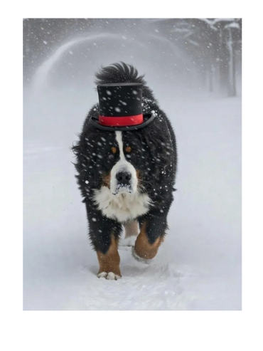 At Hat City Vets the Bernese Mountain Dogs are all Dressed Up wearing their Black Top Hats plowing through the heavy snow clearing a path to the building.