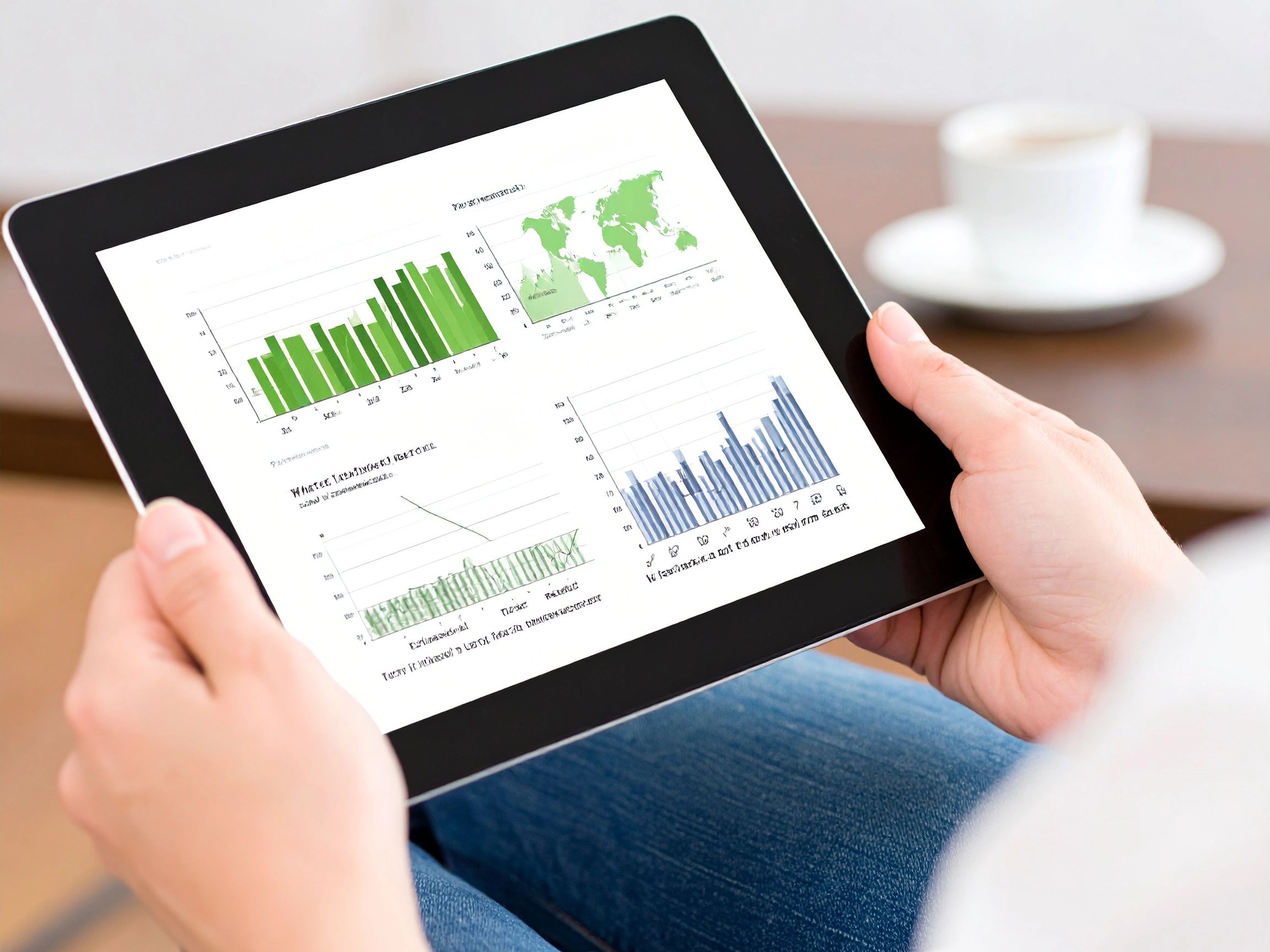 a tablet with 4 charts on it and a person holding the tablet