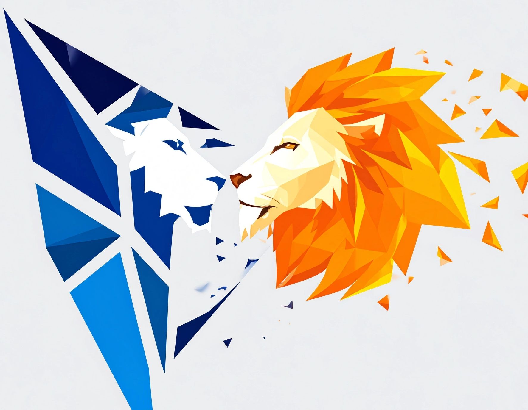 A blue triangle lion being torn apart by an orange lion that is coming to consume it